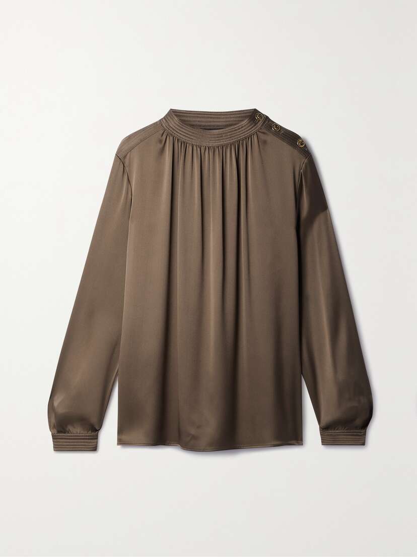 Loro Piana Josephine Button-embellished Gathered Silk-satin Blouse