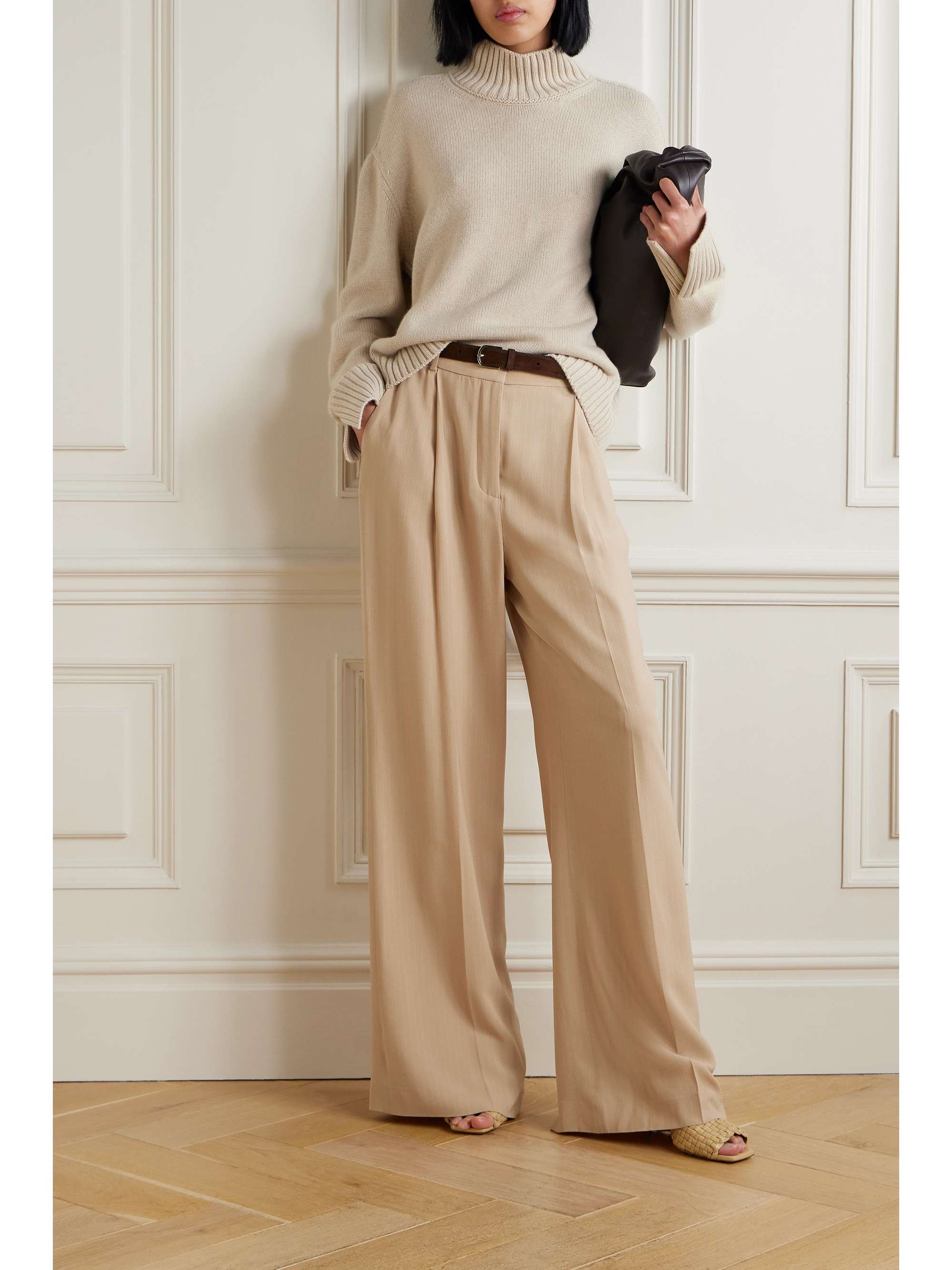 Jail pleated pinstriped silk blend georgette wide leg pants