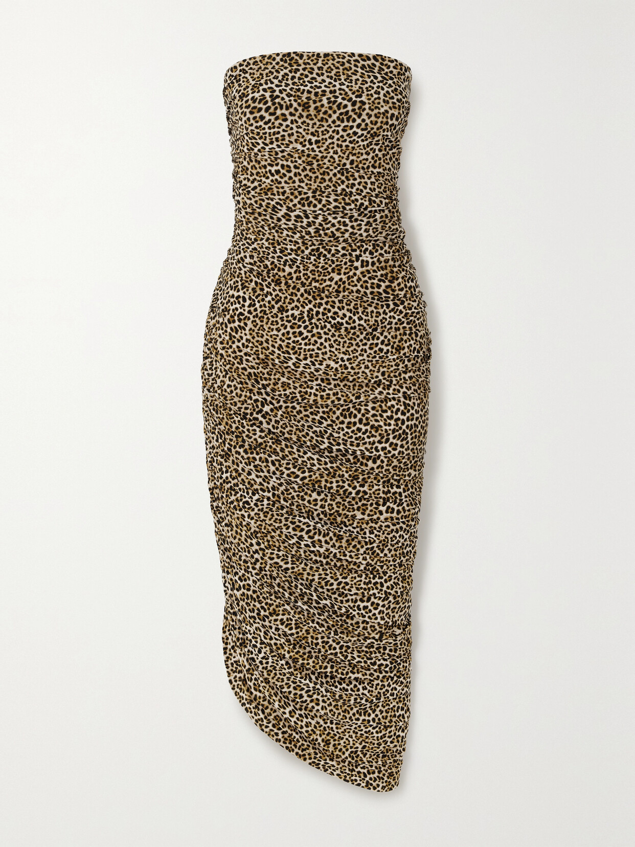 Shop Norma Kamali Diana Strapless Ruched Asymmetric Leopard-print Stretch-jersey Midi Dress In Animal Print