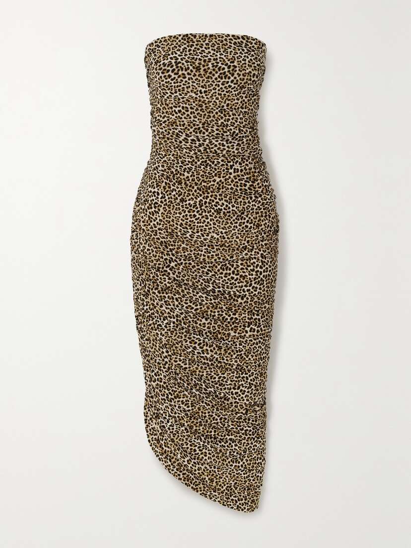 Norma Kamali Diana Strapless Ruched Asymmetric Leopard-print Stretch-jersey Midi Dress