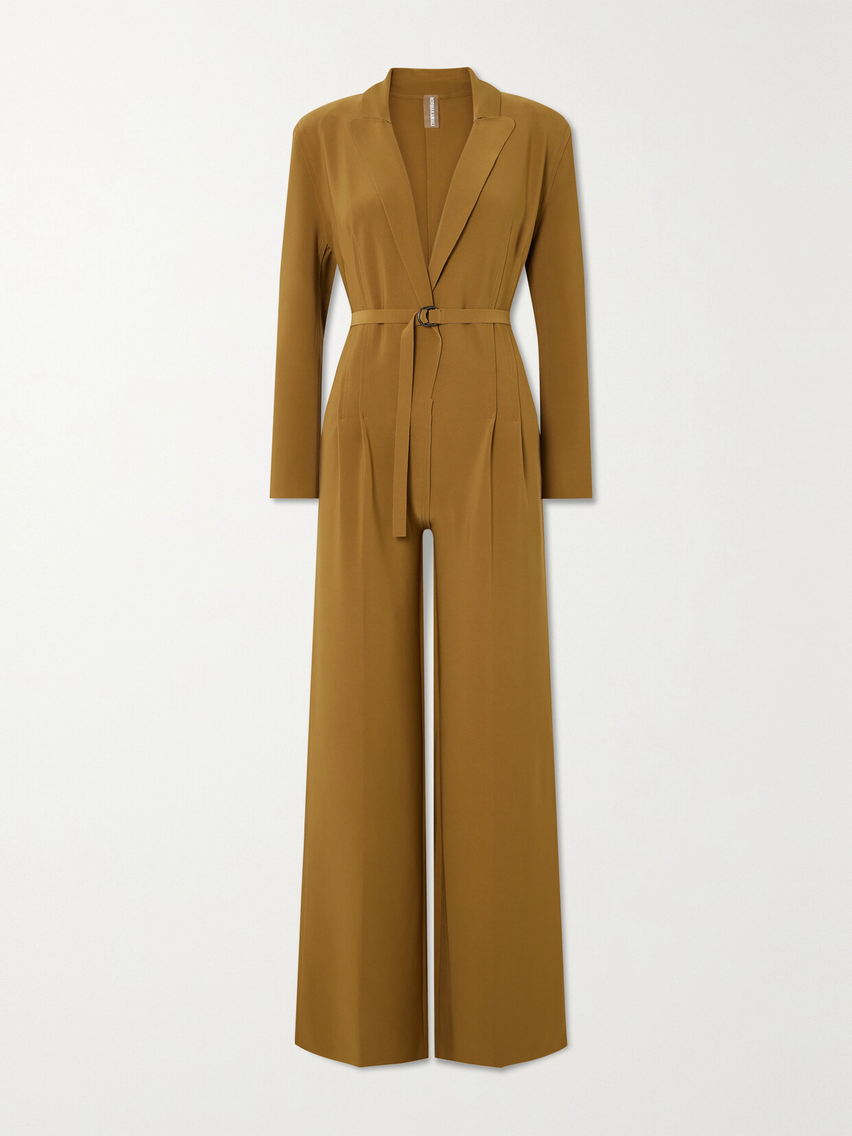 Norma Kamali Belted Pleated Stretch-jersey Jumpsuit In Brown