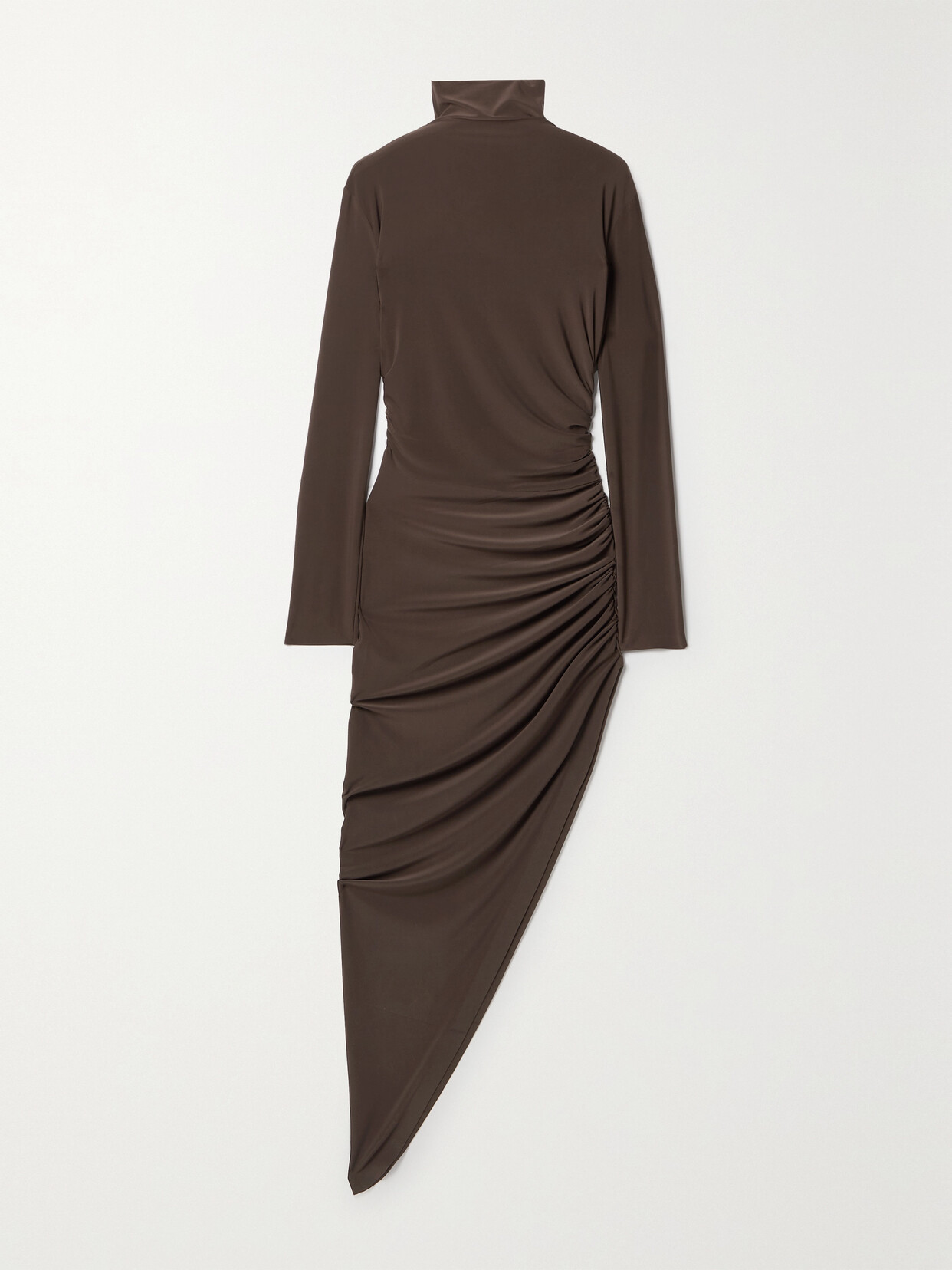 Norma Kamali Asymmetric Ruched Stretch-jersey Turtleneck Midi Dress In Brown