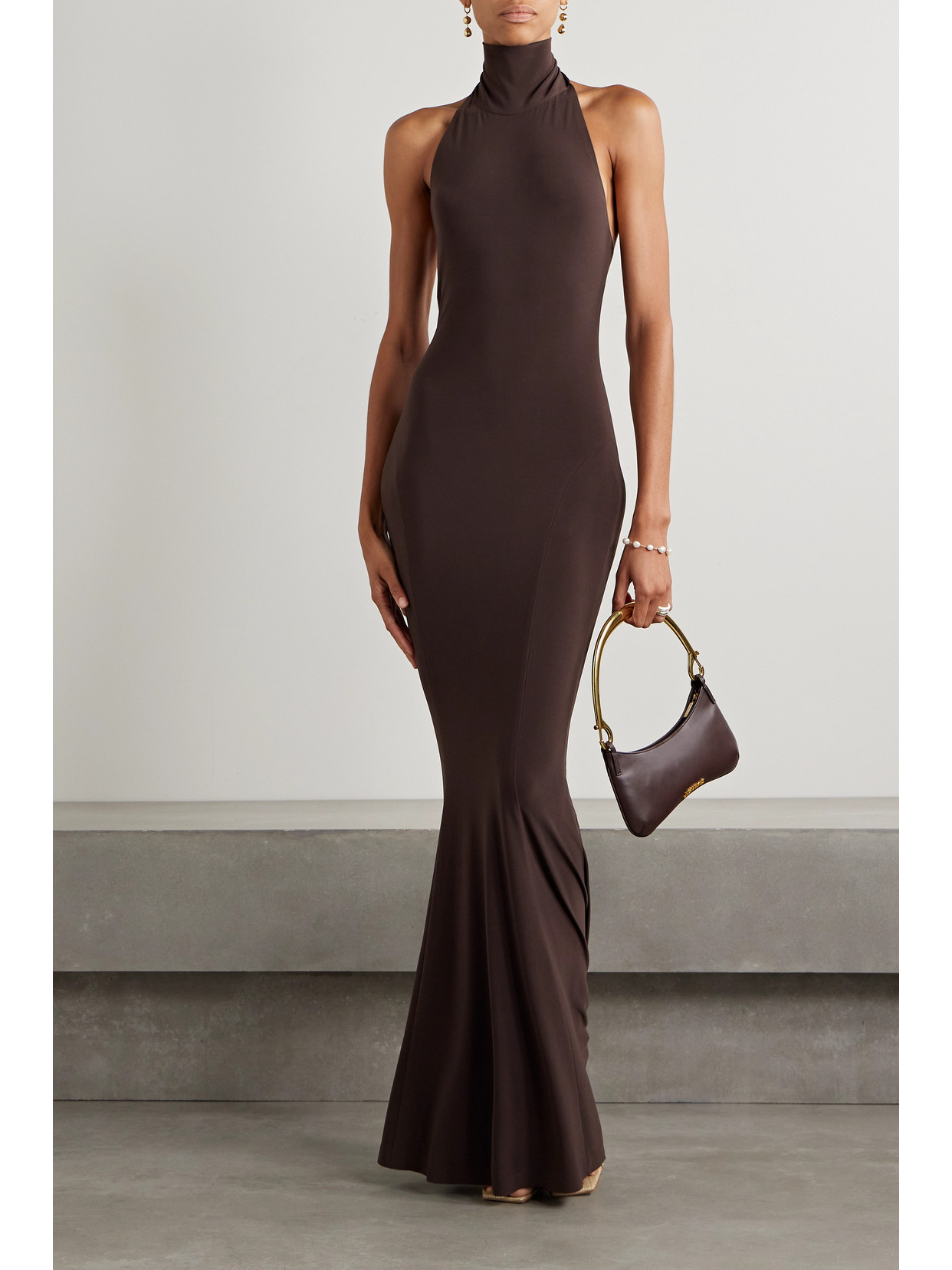 Shop Norma Kamali Stretch-jersey Turtleneck Gown In Brown