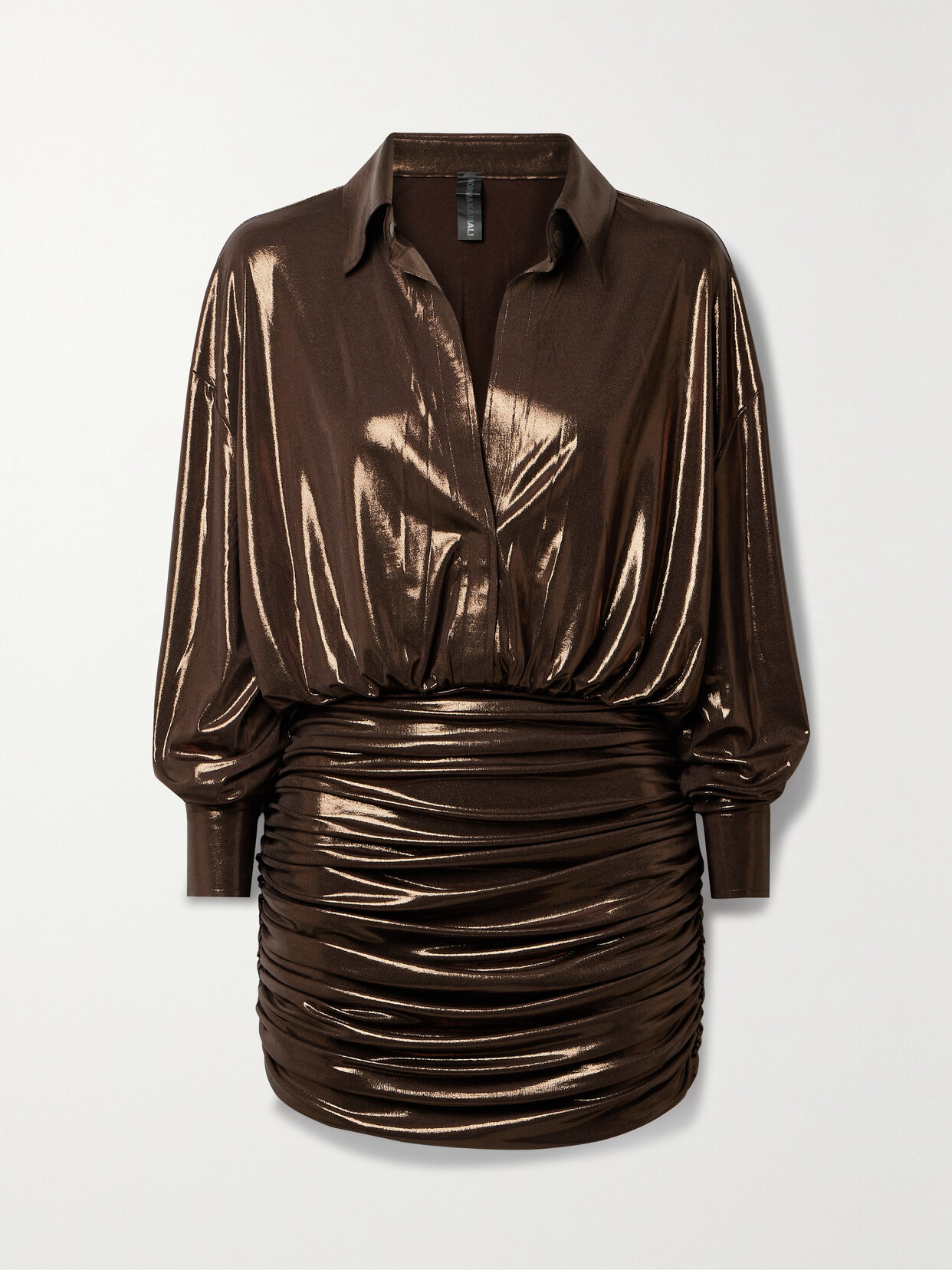 Shop Norma Kamali Ruched Metallic Stretch-lamé Mini Shirt Dress In Brown