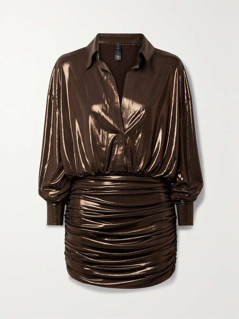 Norma Kamali Ruched Metallic Stretch-lamé Mini Shirt Dress