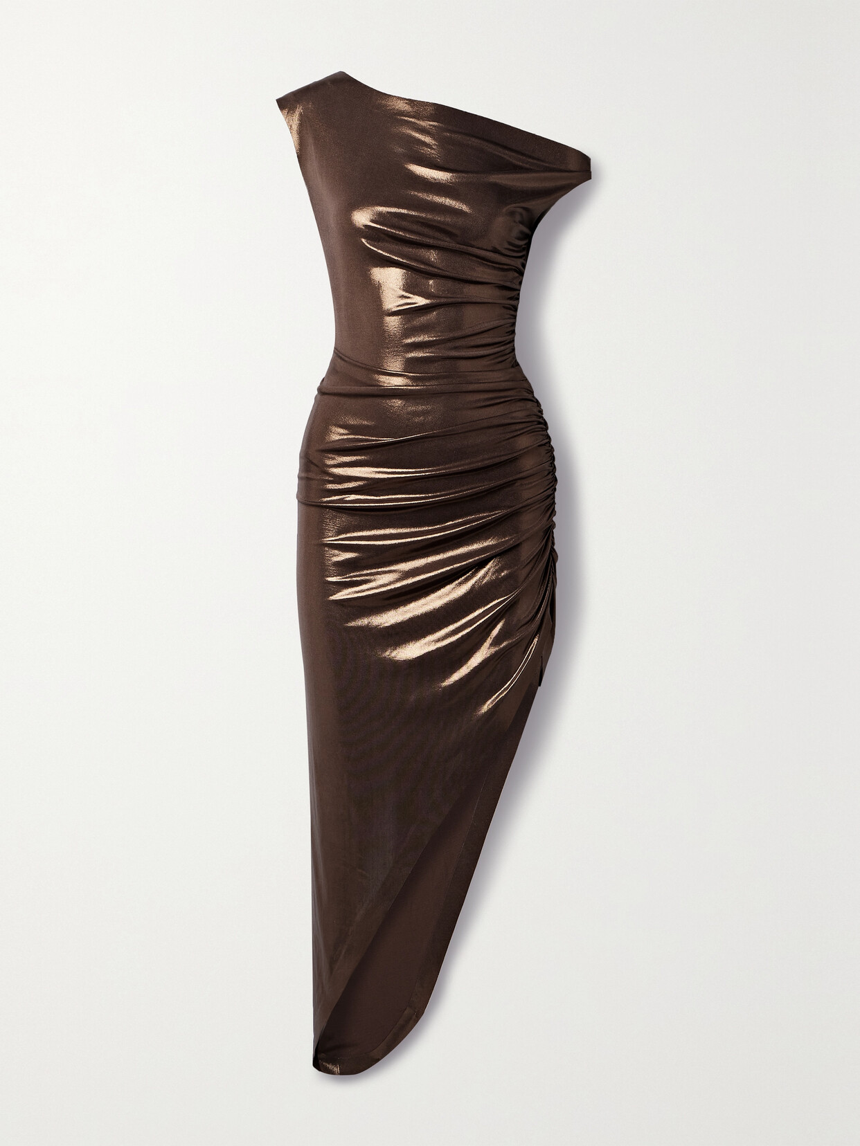 Norma Kamali Asymmetric Draped Ruched Stretch-lamé Dress In Brown