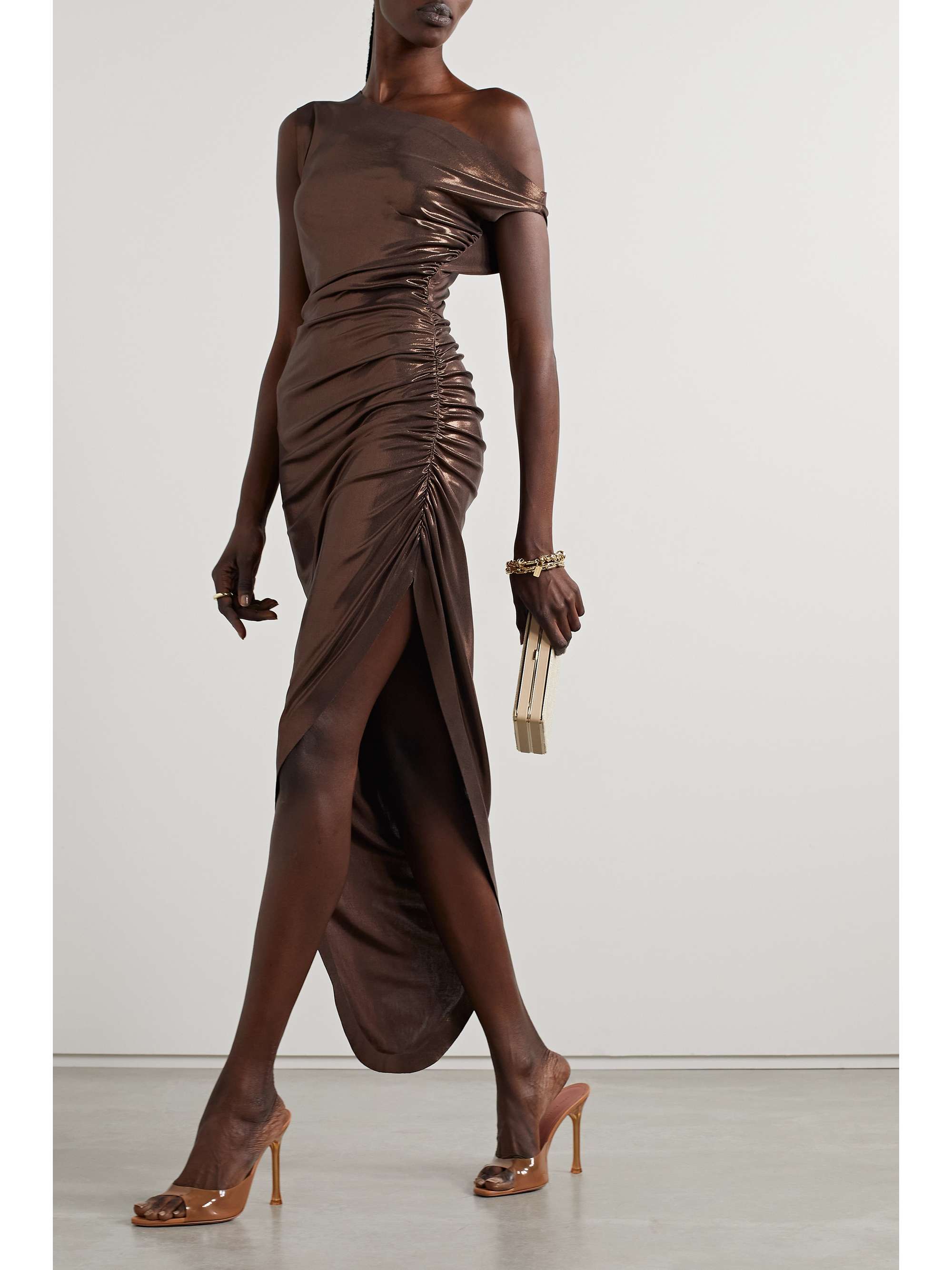 Asymmetric draped ruched stretch-lamé dress