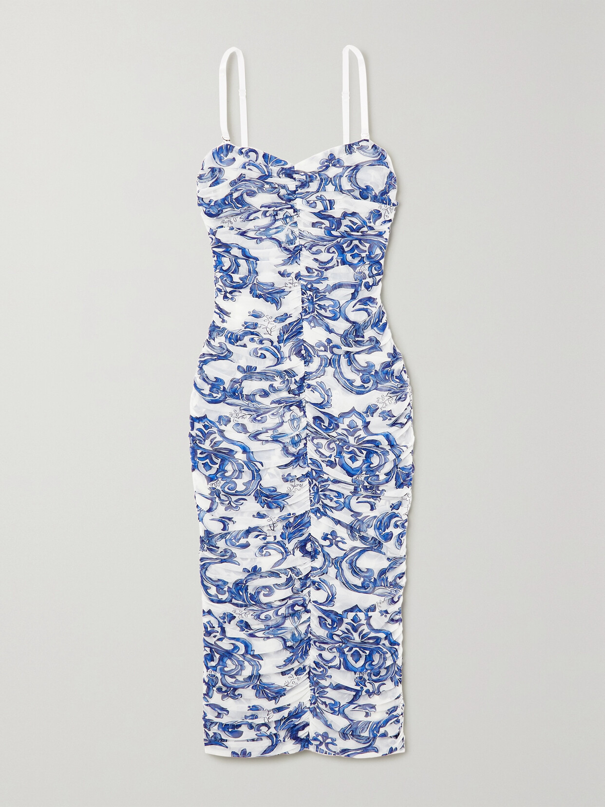 Shop L Agence Caprice Ruched Printed Stretch-tulle Midi Dress In Blue