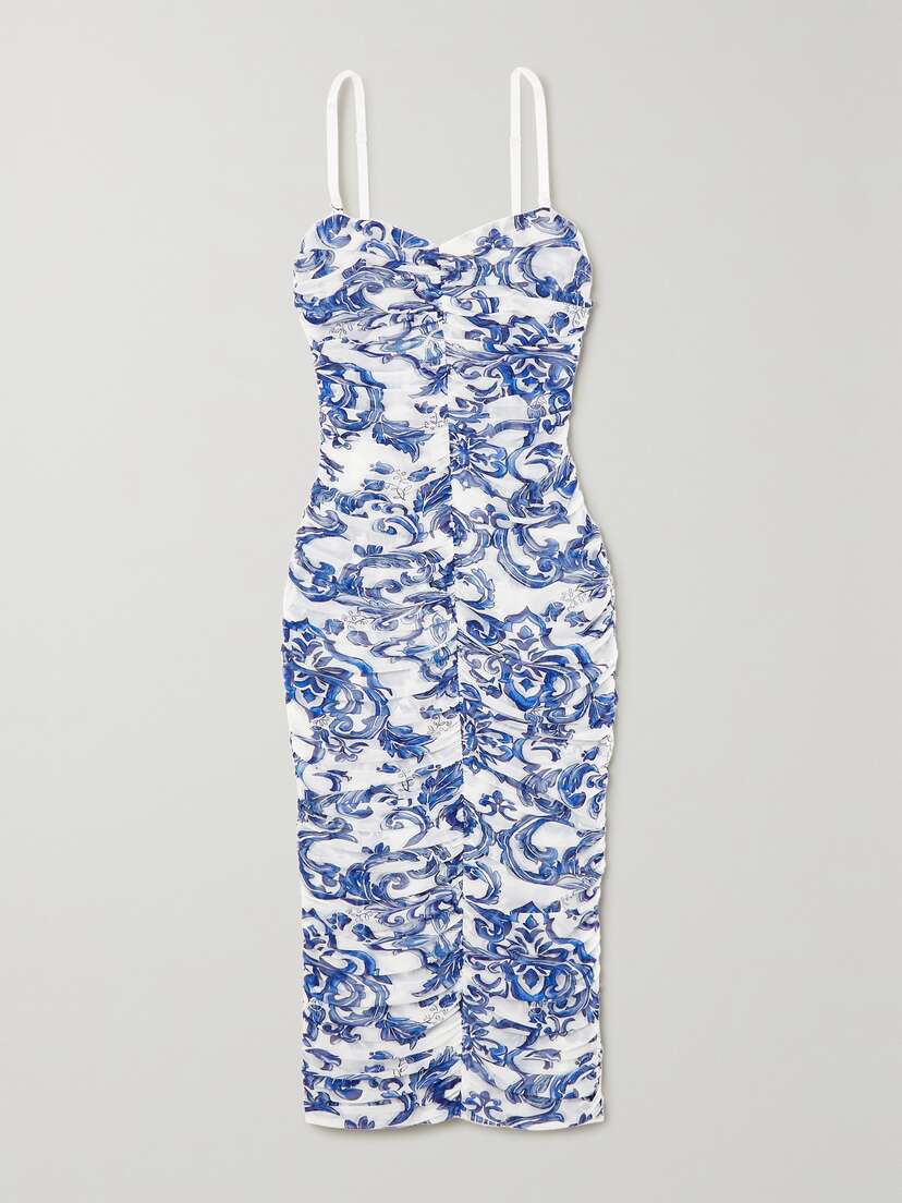 L'Agence Caprice Ruched Printed Stretch-tulle Midi Dress