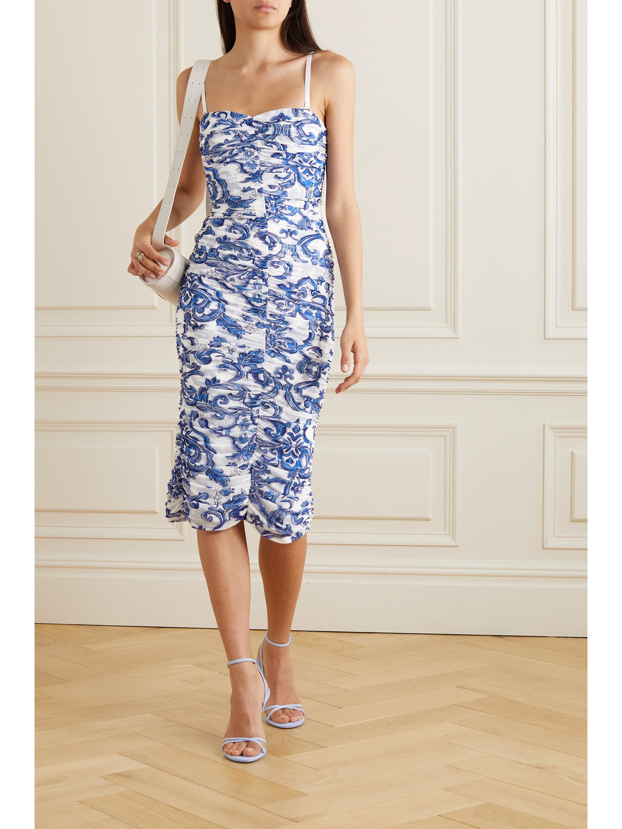 Shop L Agence Caprice Ruched Printed Stretch-tulle Midi Dress In Blue