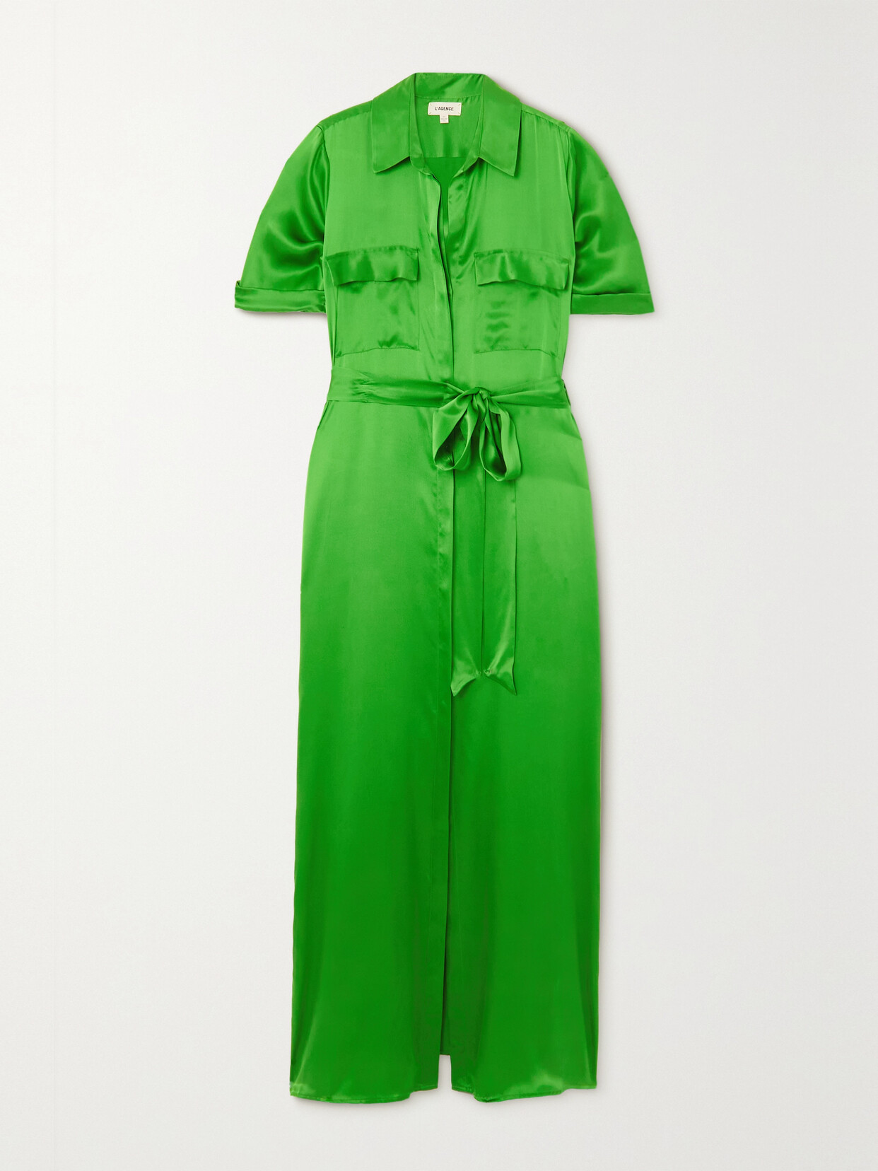 L'Agence Klement Belted Silk-satin Maxi Shirt Dress - Green