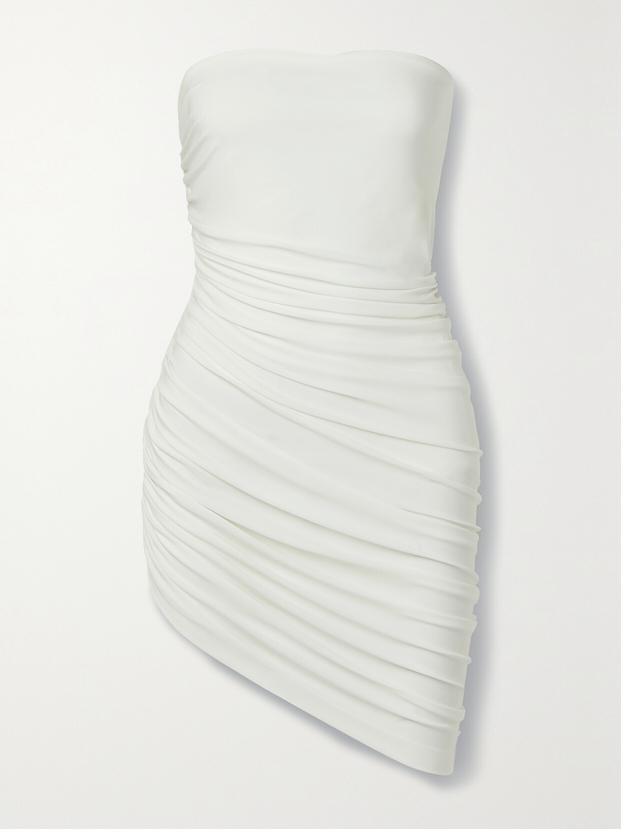 Shop Norma Kamali Diana Strapless Ruched Stretch-jersey Mini Dress In Off-white