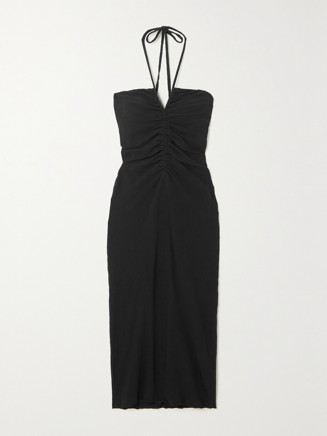 James Perse - Coastal Ruched Brushed Cotton-blend Jersey Halterneck Midi Dress - Black