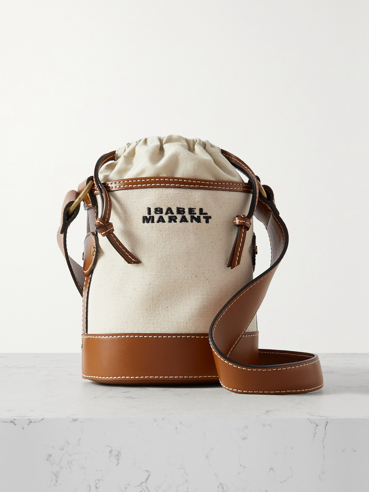 Isabel Marant Samara Embroidered Small Leather-trimmed Canvas Bucket Bag