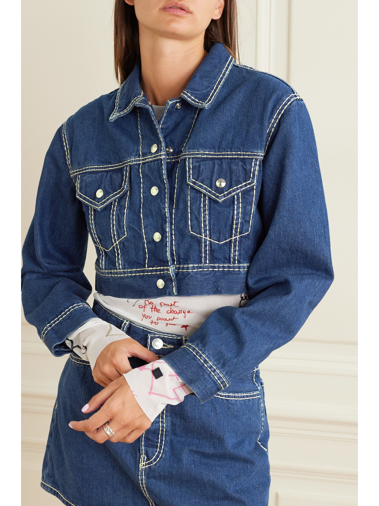 Re/Done - Cropped Topstitched Denim Jacket