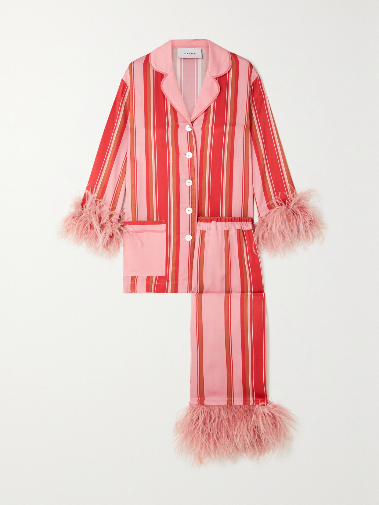 Sleeper - Party Feather-trimmed Striped Charmeuse Pajama Set - Pink