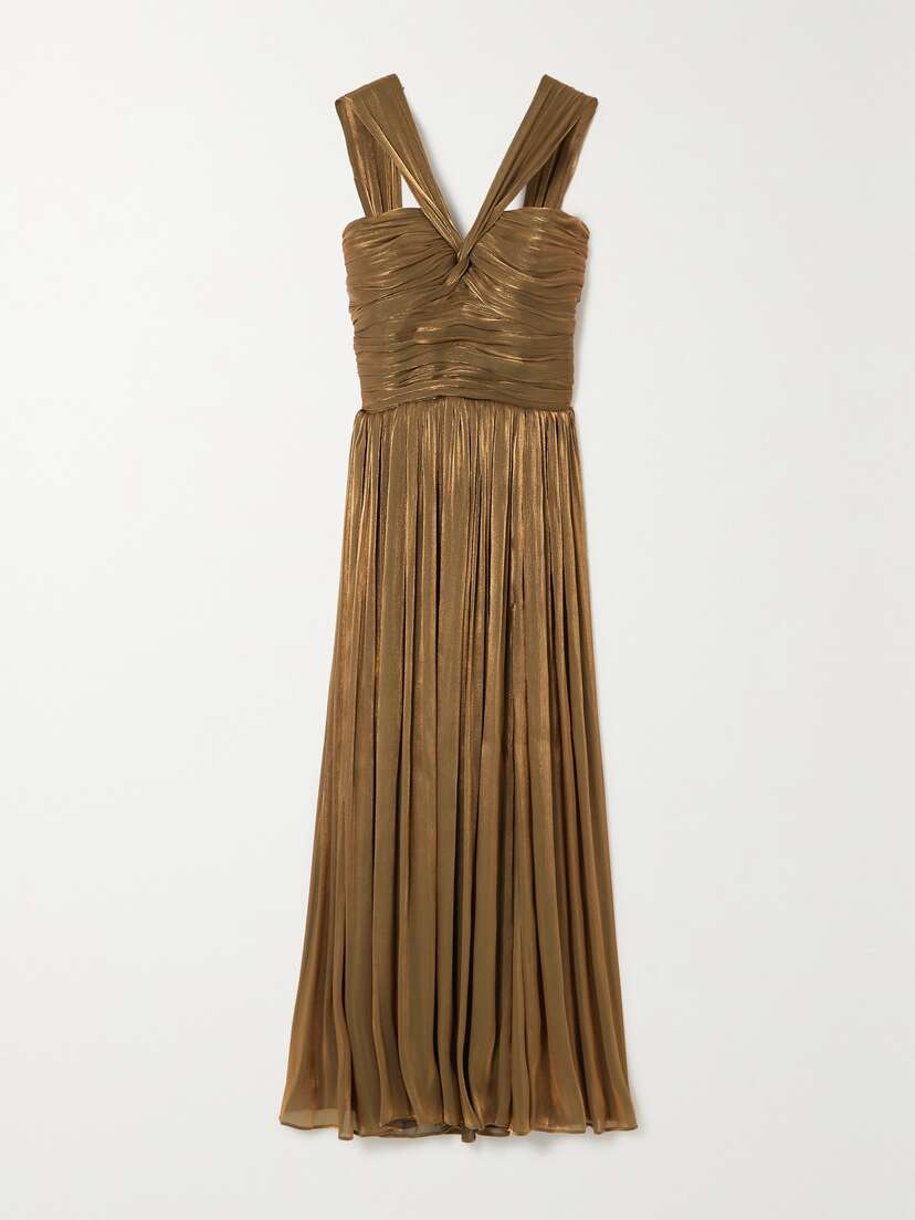 Costarellos Pleated Ruched Metallic Georgette Midi Dress