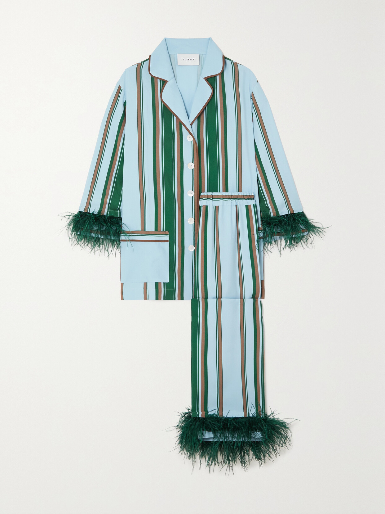 Sleeper - Feather-trimmed Striped Crepe Pajama Set - Blue