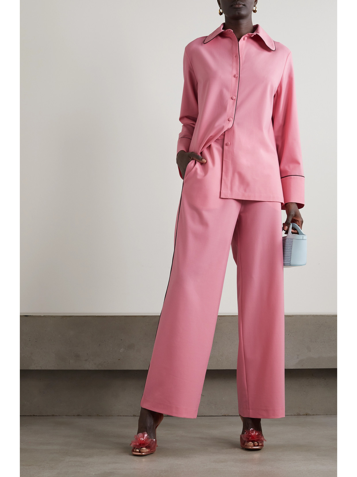 Shop Sleeper Off The Duty Piped Crepe Pajama Shirt In Pink