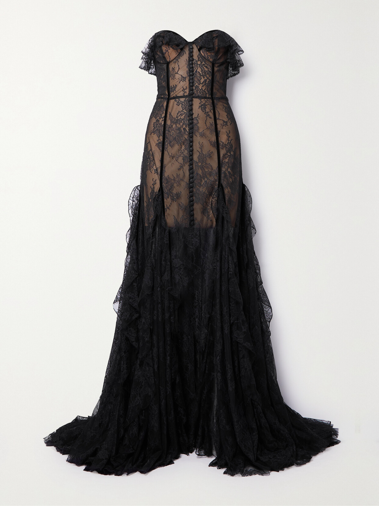 Costarellos - Rosaline Strapless Velvet-trimmed Ruffled Lace Gown - Black