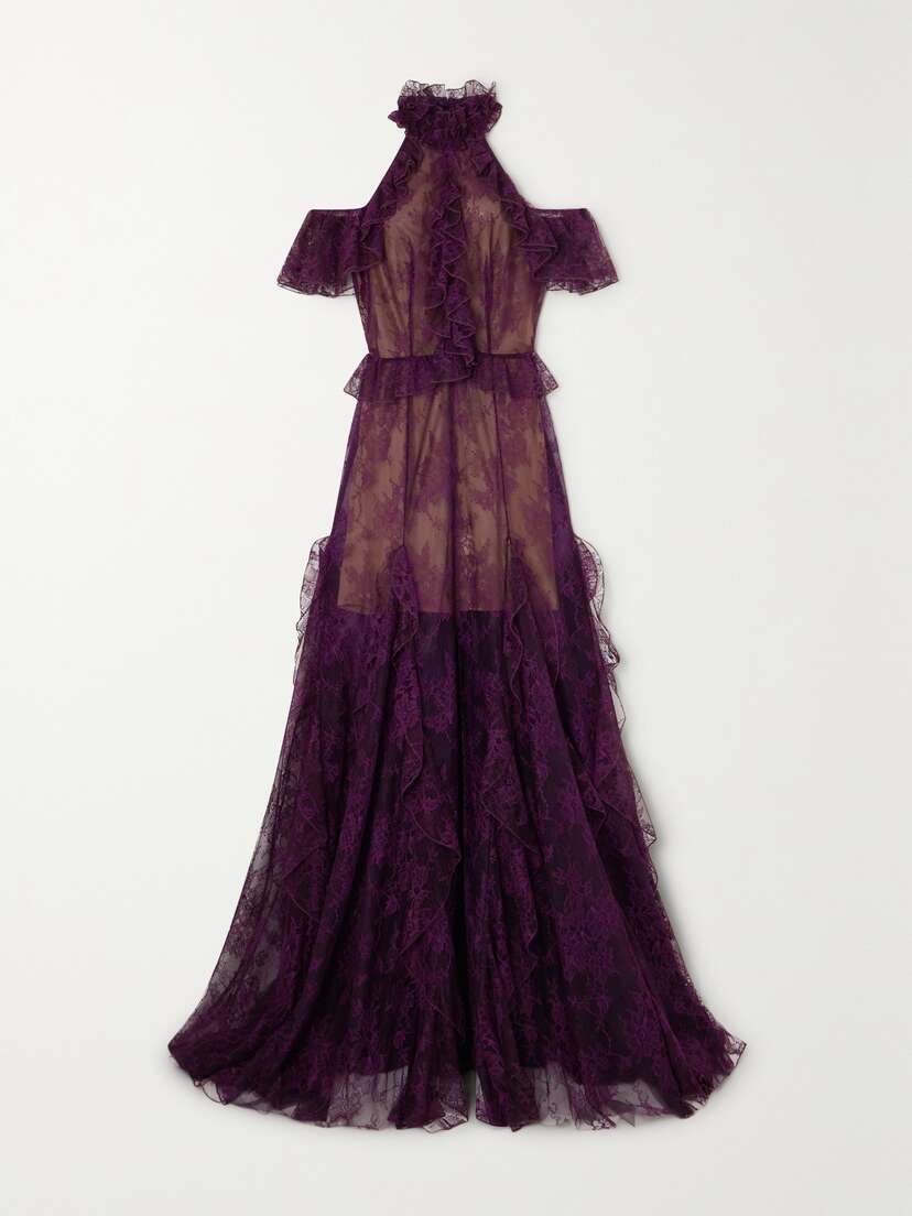 Costarellos Morgana Cold-shoulder Ruffled Lace Halterneck Gown