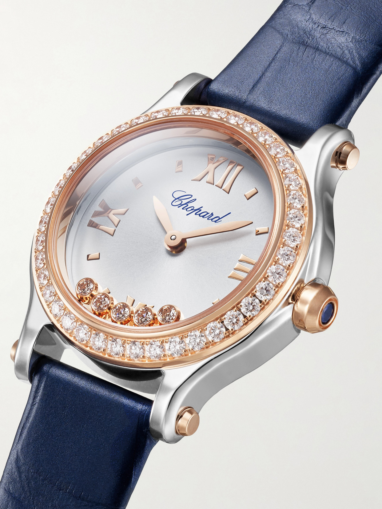 Chopard Happy Sport 25mm 18-karat Rose Gold, Stainless Steel, Alligator And Diamond Watch In Gold