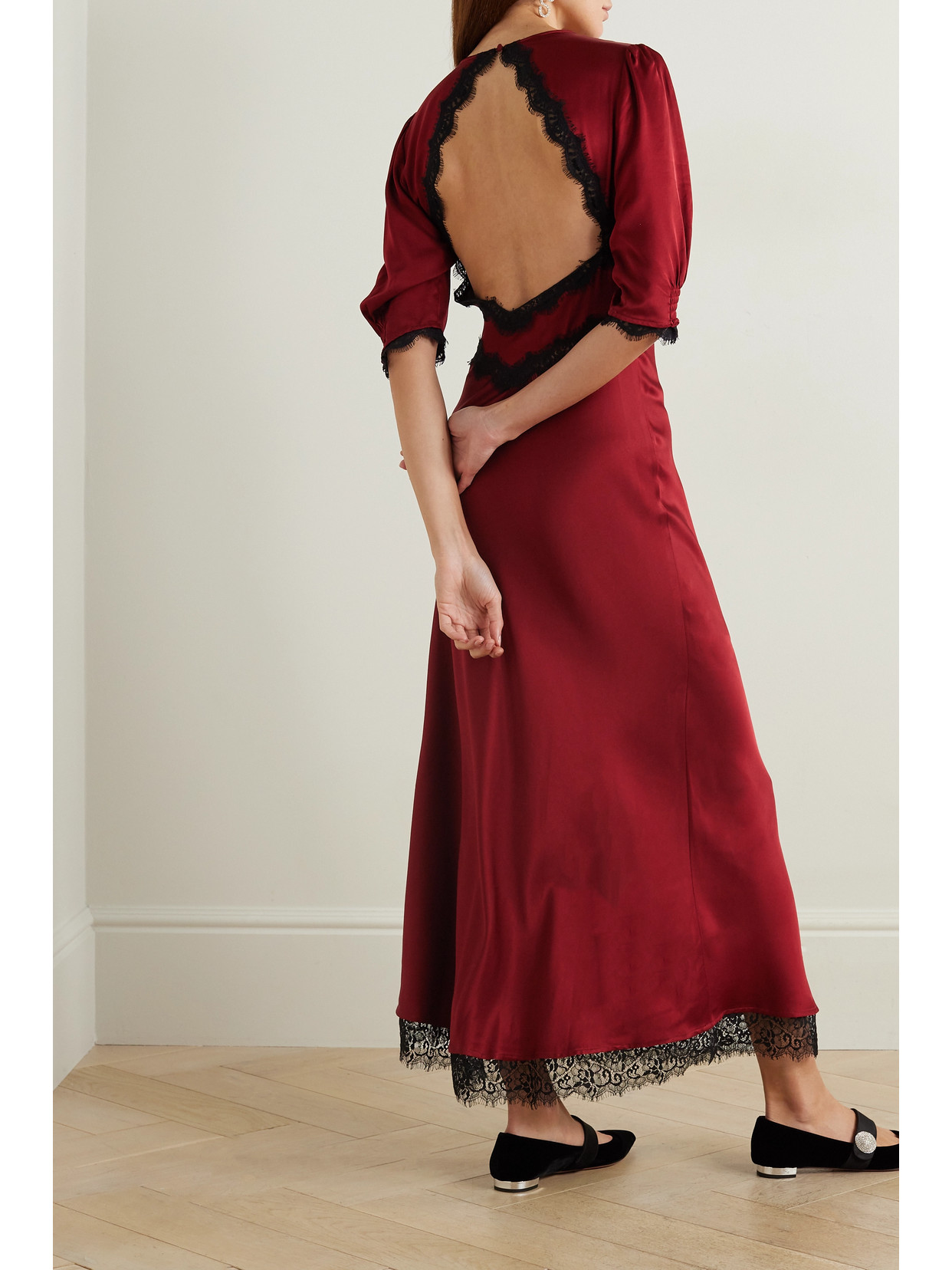 Shop Rixo London Gabrielle Open-back Lace-trimmed Satin Maxi Dress In Burgundy