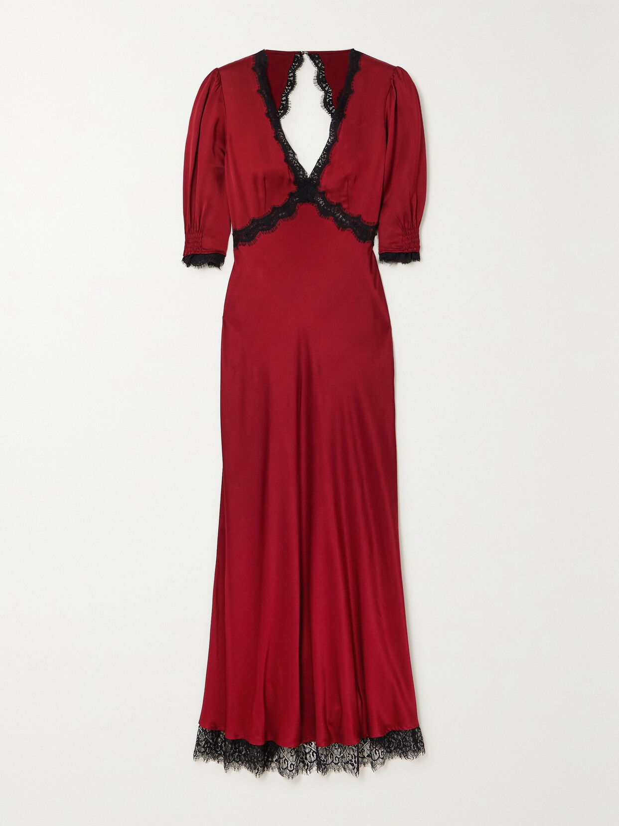 Shop Rixo London Gabrielle Open-back Lace-trimmed Satin Maxi Dress In Burgundy