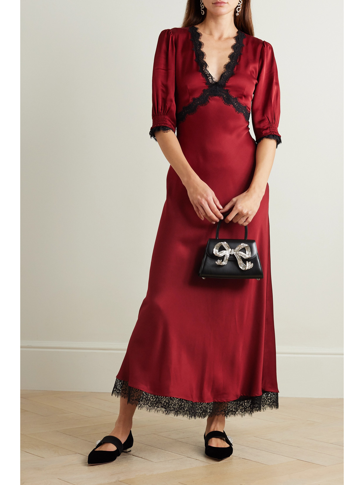 Shop Rixo London Gabrielle Open-back Lace-trimmed Satin Maxi Dress In Burgundy