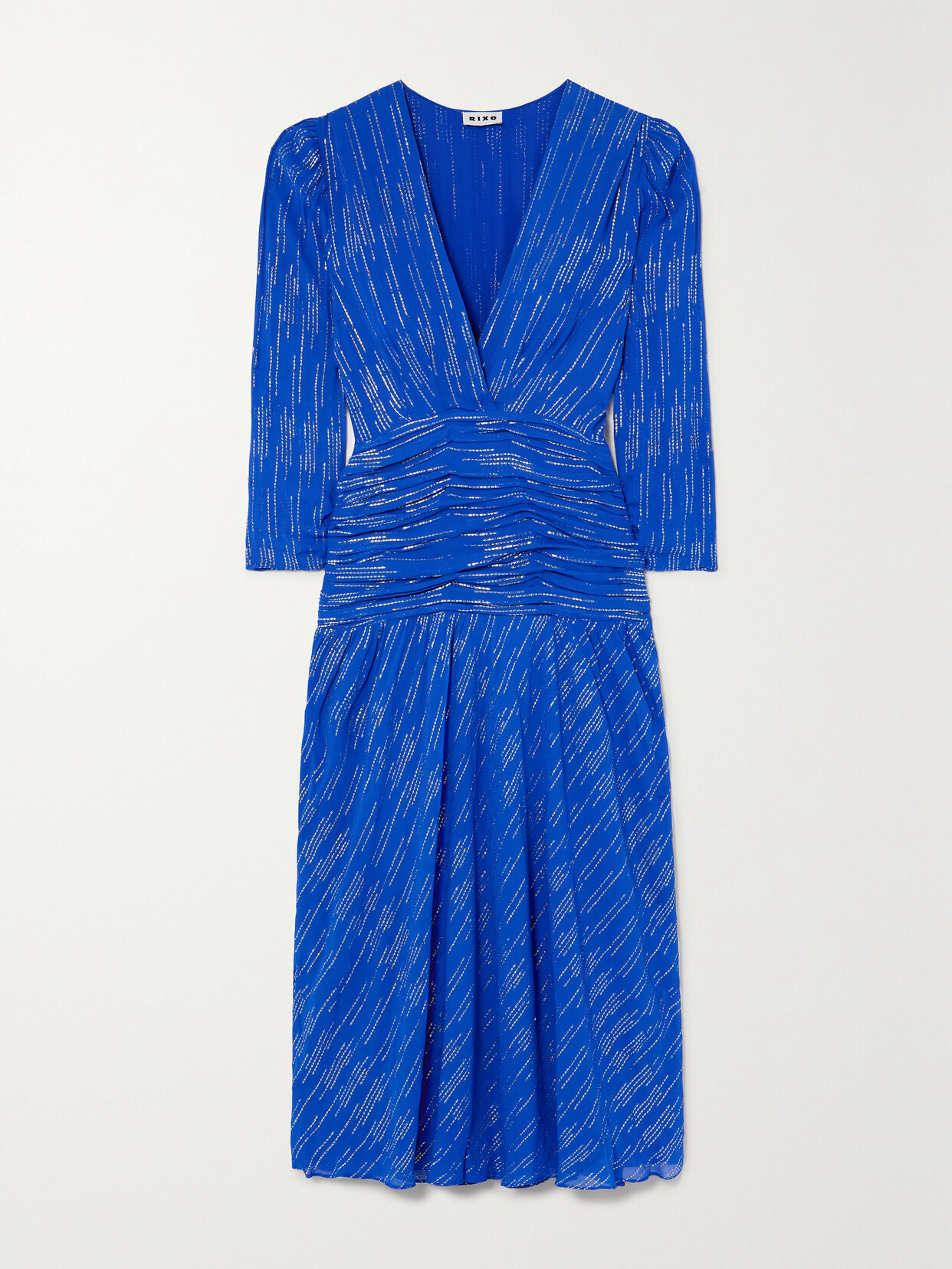 Rixo London Racquel Ruched Metallic Jacquard Midi Dress In Blue