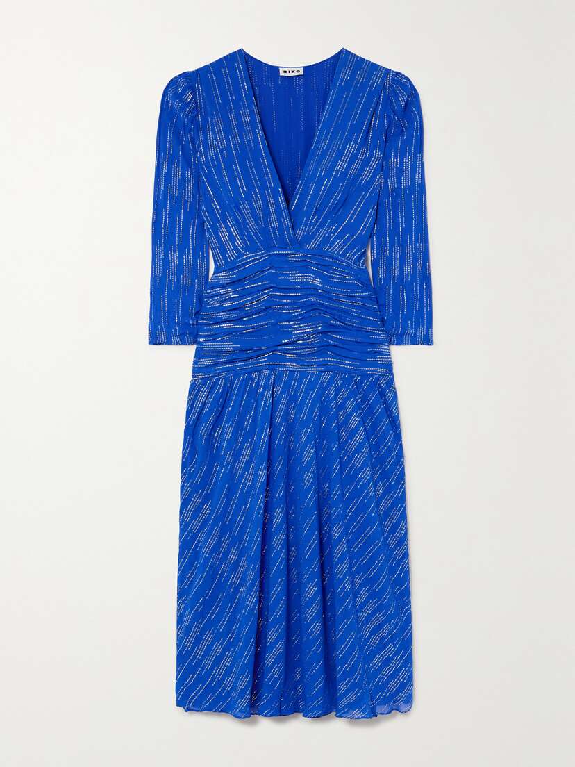 Rixo Racquel Ruched Metallic Jacquard Midi Dress - UK 20
