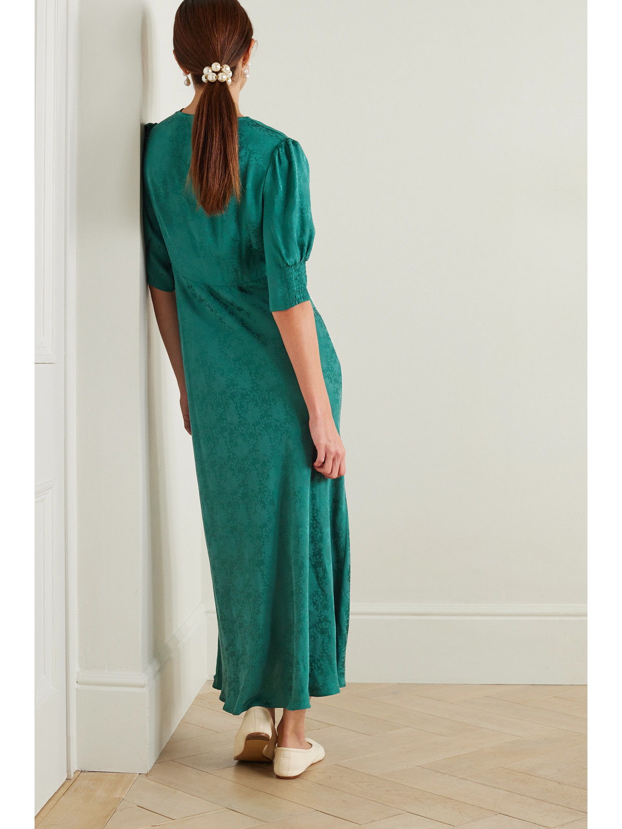 Shop Rixo London Zadie Satin-jacquard Midi Dress In Green