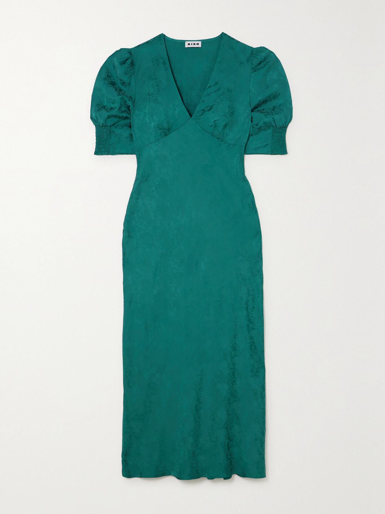 Shop Rixo London Zadie Satin-jacquard Midi Dress In Green