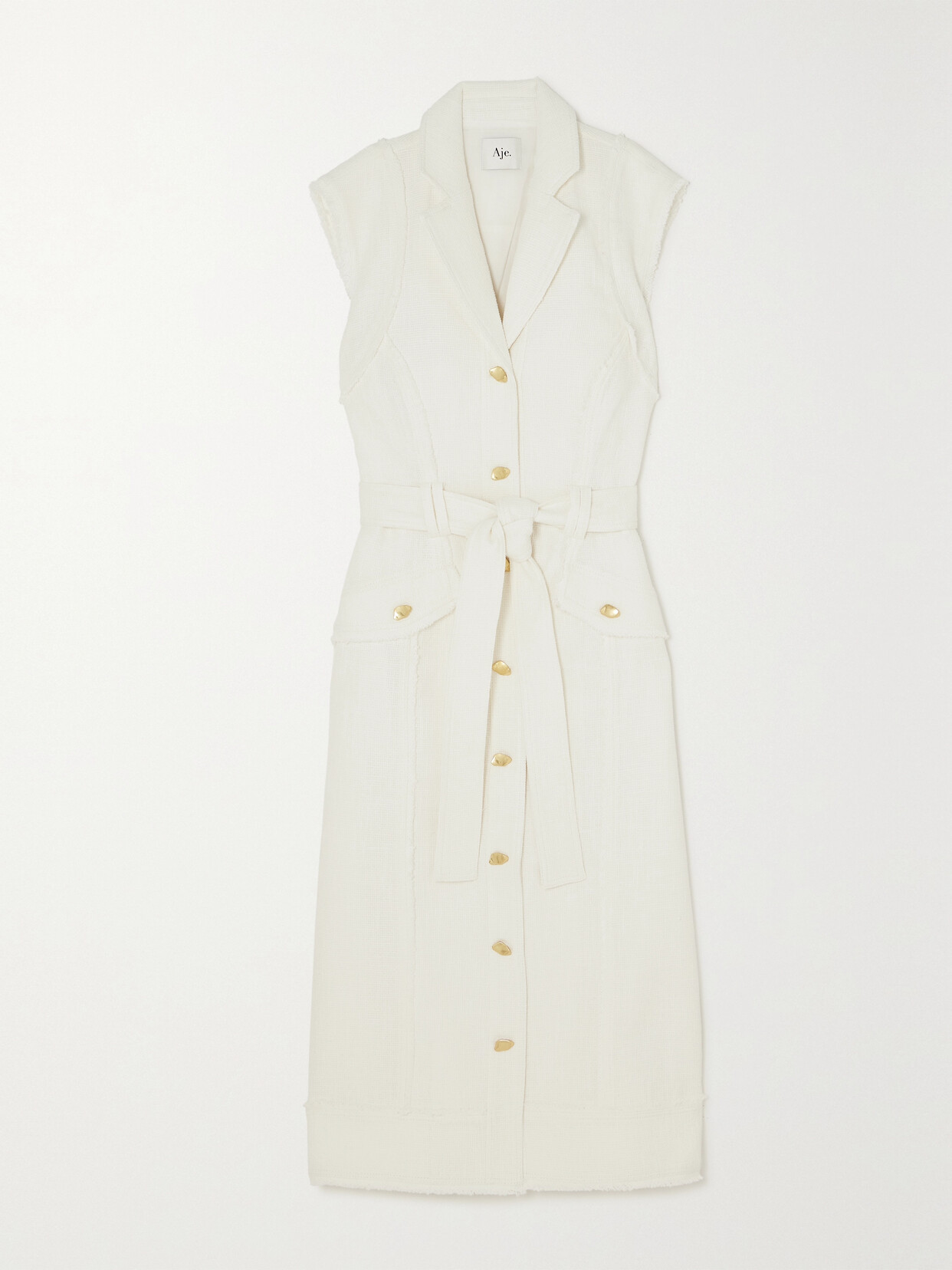 Aje Isabel Belted Frayed Cotton-tweed Midi Dress In Ivory
