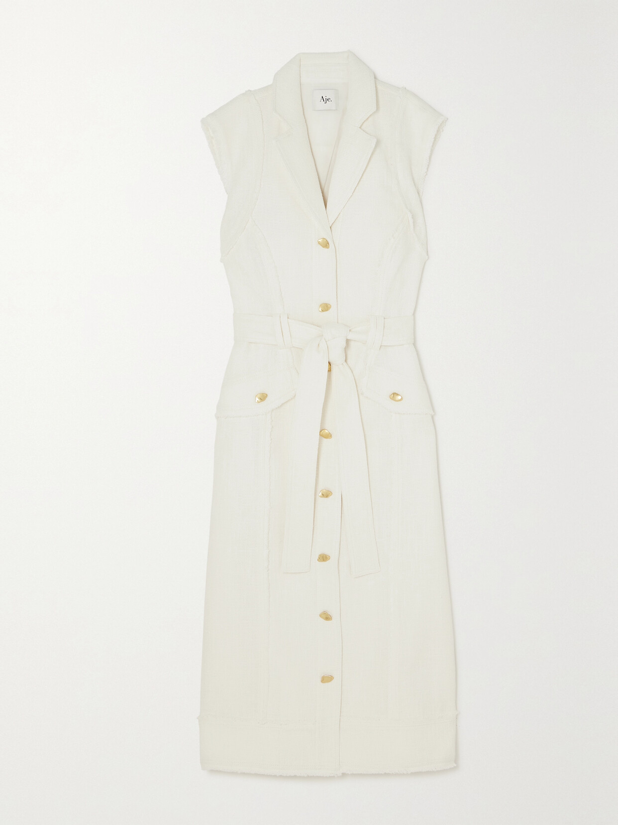 Aje - Isabel Belted Frayed Cotton-tweed Midi Dress - Ivory