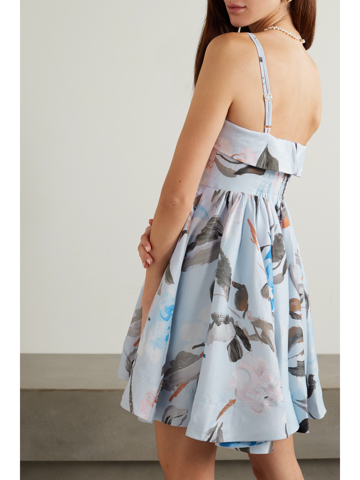 Aje Untamed Gathered Floral-print Linen-blend Mini Dress In Blue