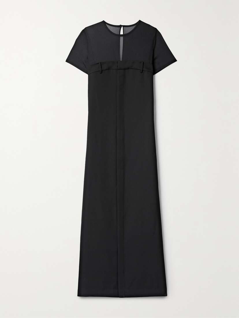 Tibi Salopette Tulle-paneled Grain De Poudre Wool Maxi Dress