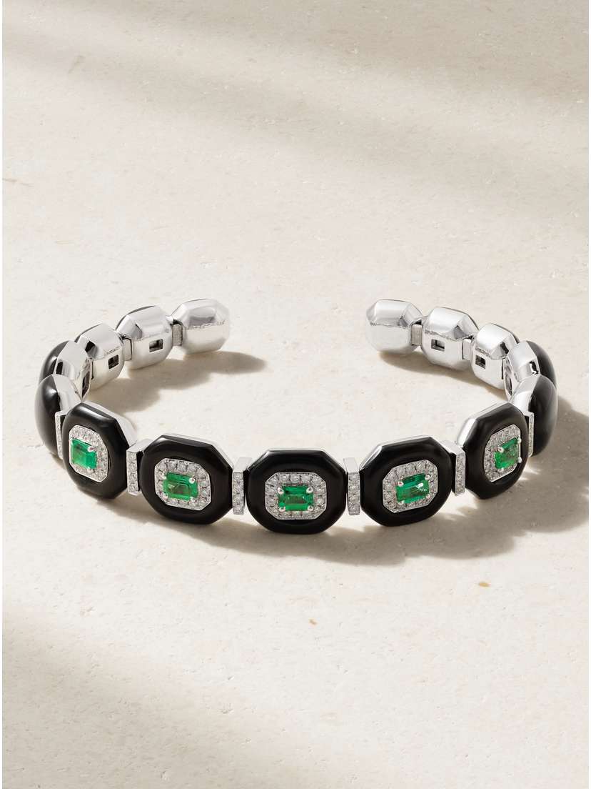 Nikos Koulis Oui 18-karat White Gold, Emerald, Diamond And Enamel Bangle