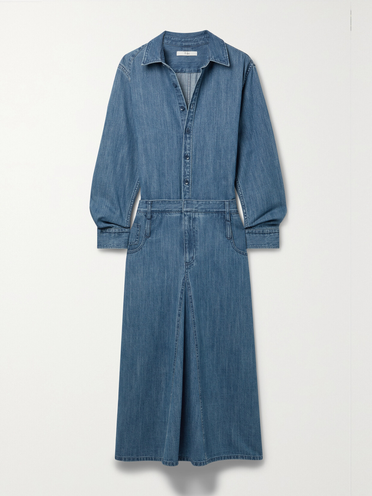 Tibi - Paneled Denim Midi Shirt Dress - Blue