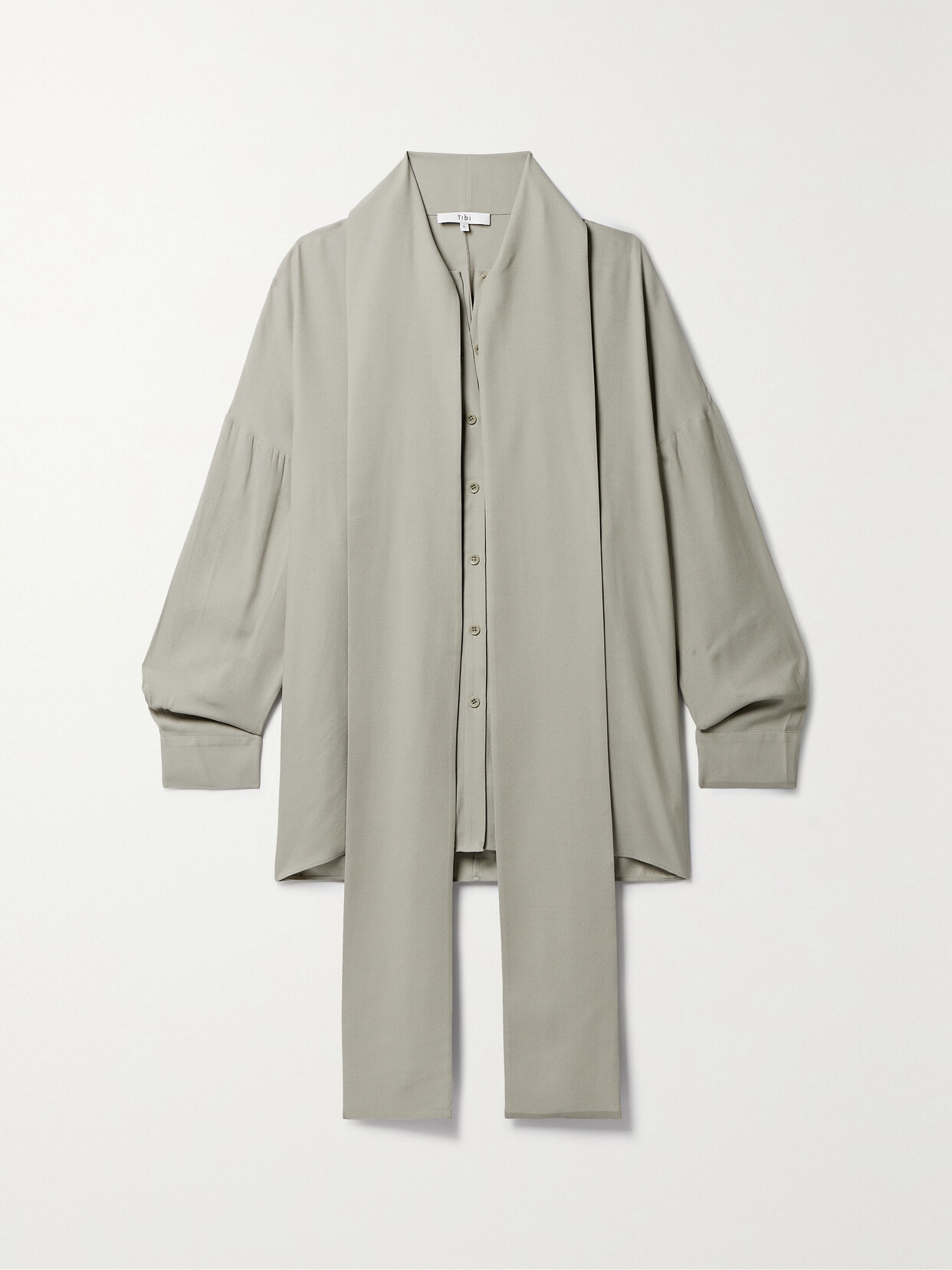 Tibi Davenport Oversized Pussy-bow Crepe Shirt In Gray