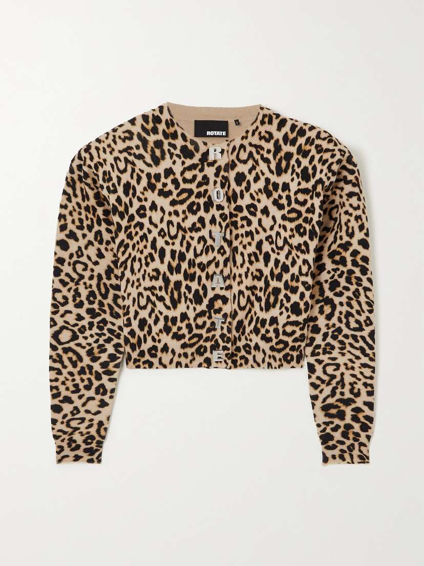 Rotate Birger Christensen + Net Sustain Cropped Leopard-print Cotton And Cashmere-blend Cardigan