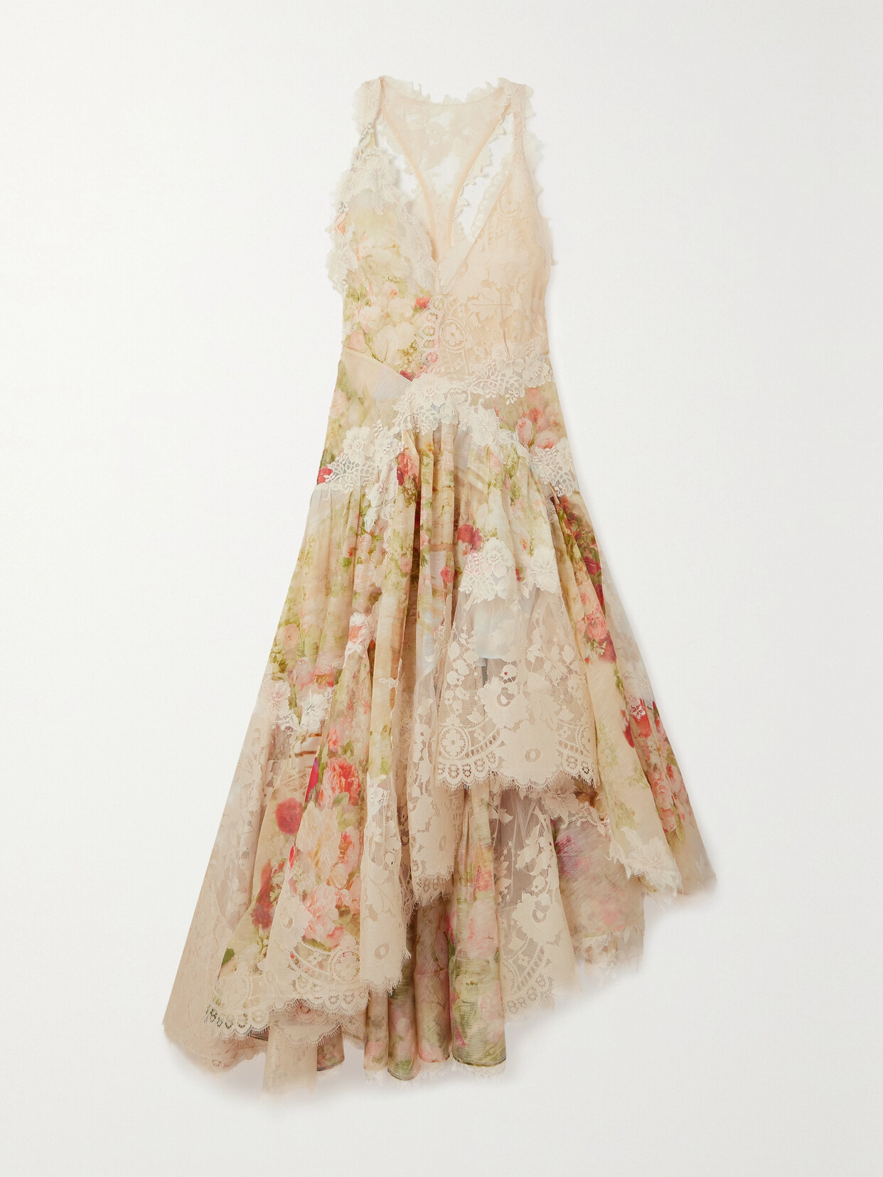 Zimmermann Asymmetric Lace-trimmed Floral-print Linen And Silk-blend Maxi Dress - Cream