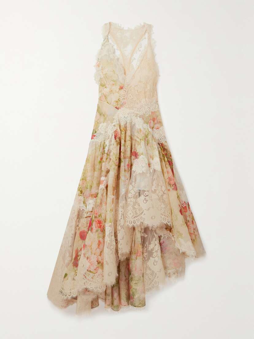 Zimmermann Asymmetric Lace-trimmed Floral-print Linen And Silk-blend Maxi Dress