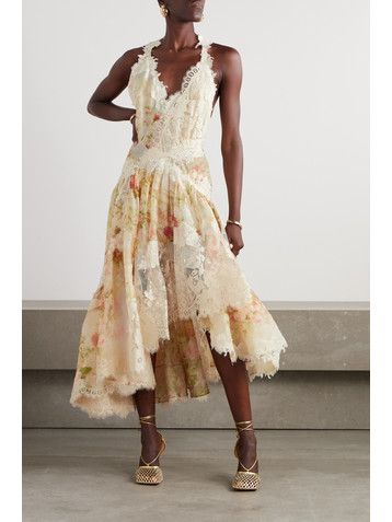 Zimmermann Asymmetric lace-trimmed floral-print linen and silk-blend maxi dress