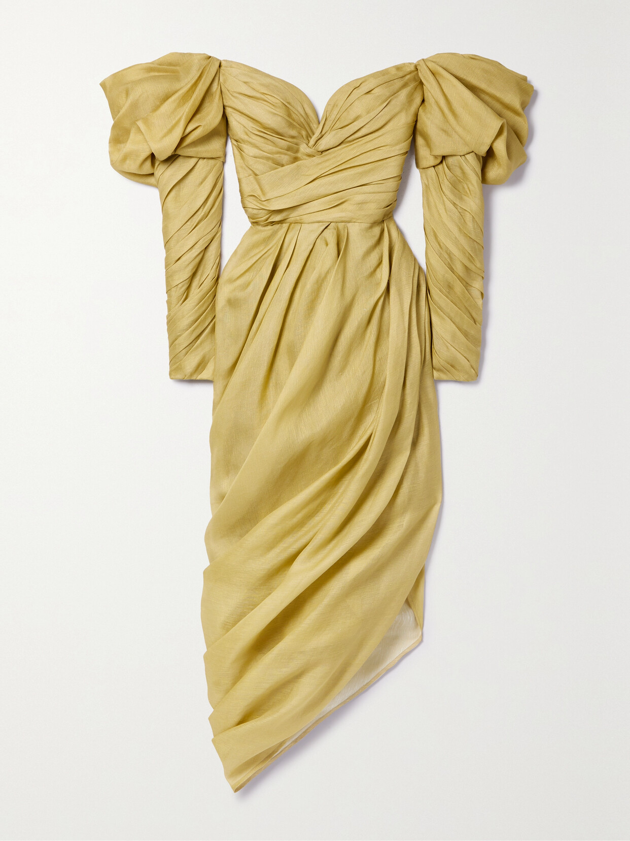 Zimmermann Sensory Off-the-shoulder Draped Asymmetric Linen And Silk-blend Midi Dress - Green