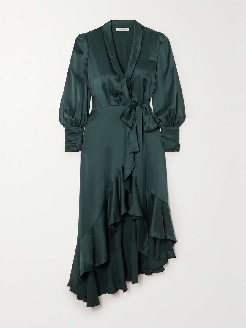 Zimmermann Asymmetric Ruffled Silk-satin Midi Wrap Dress