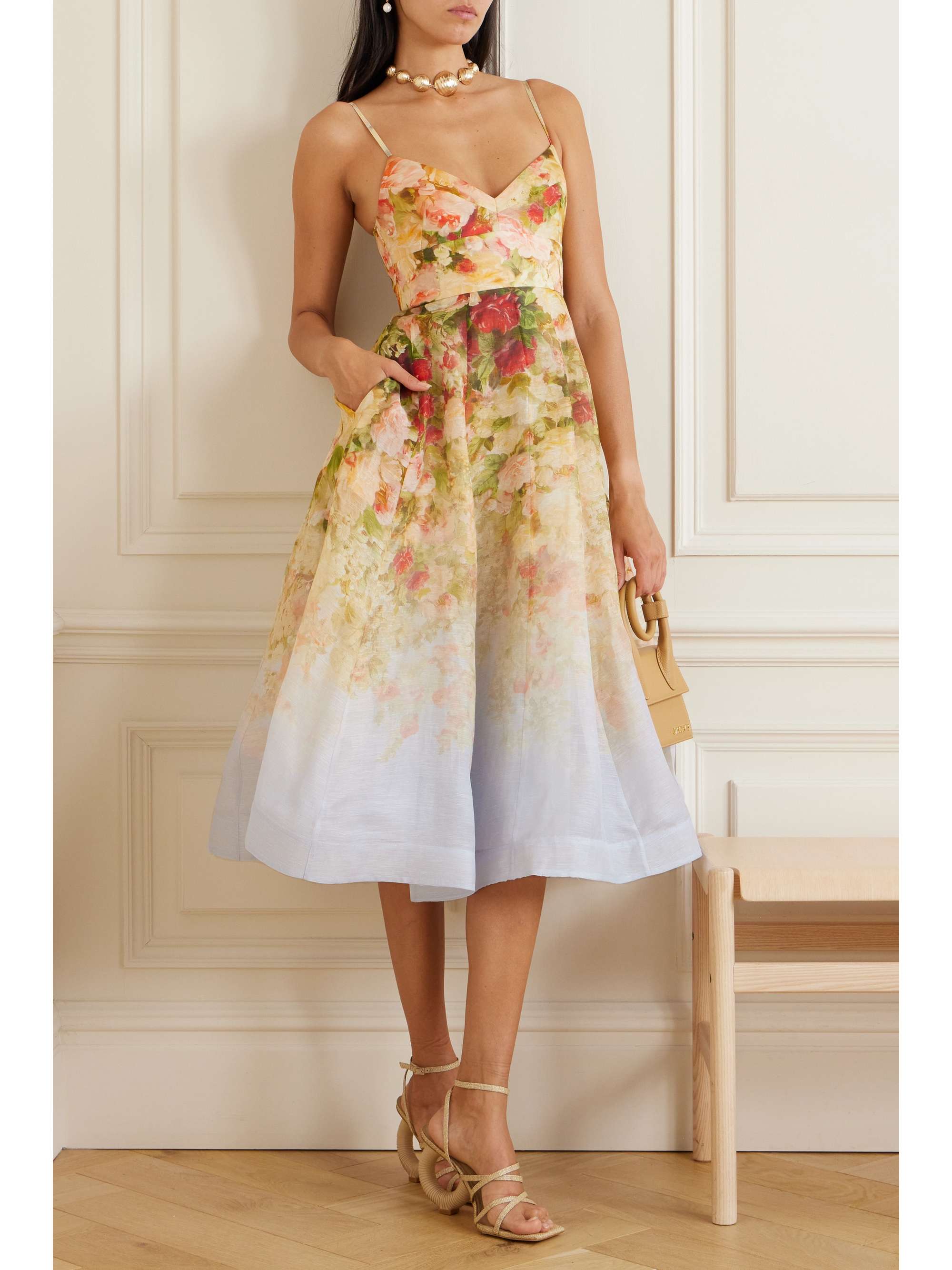 ZIMMERMANN Luminosity Picnic shirred floral-print linen and silk-blend midi  dress | NET-A-PORTER