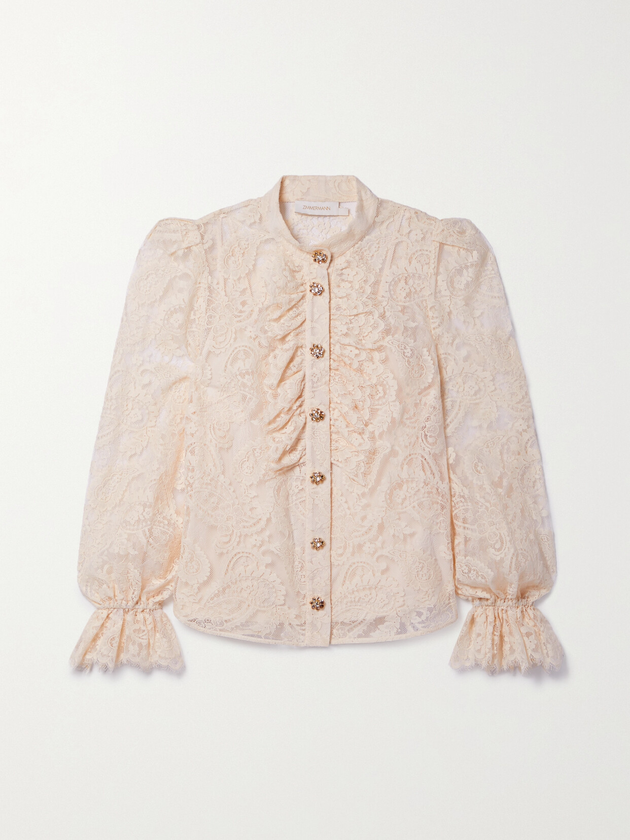 Zimmermann - Crystal-embellished Ruffled Cotton-blend Lace Blouse - Cream