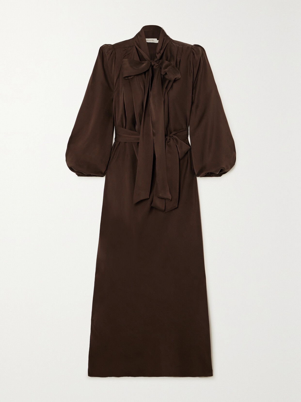 Zimmermann Billow Pussy-bow Belted Silk-satin Midi Dress - Brown