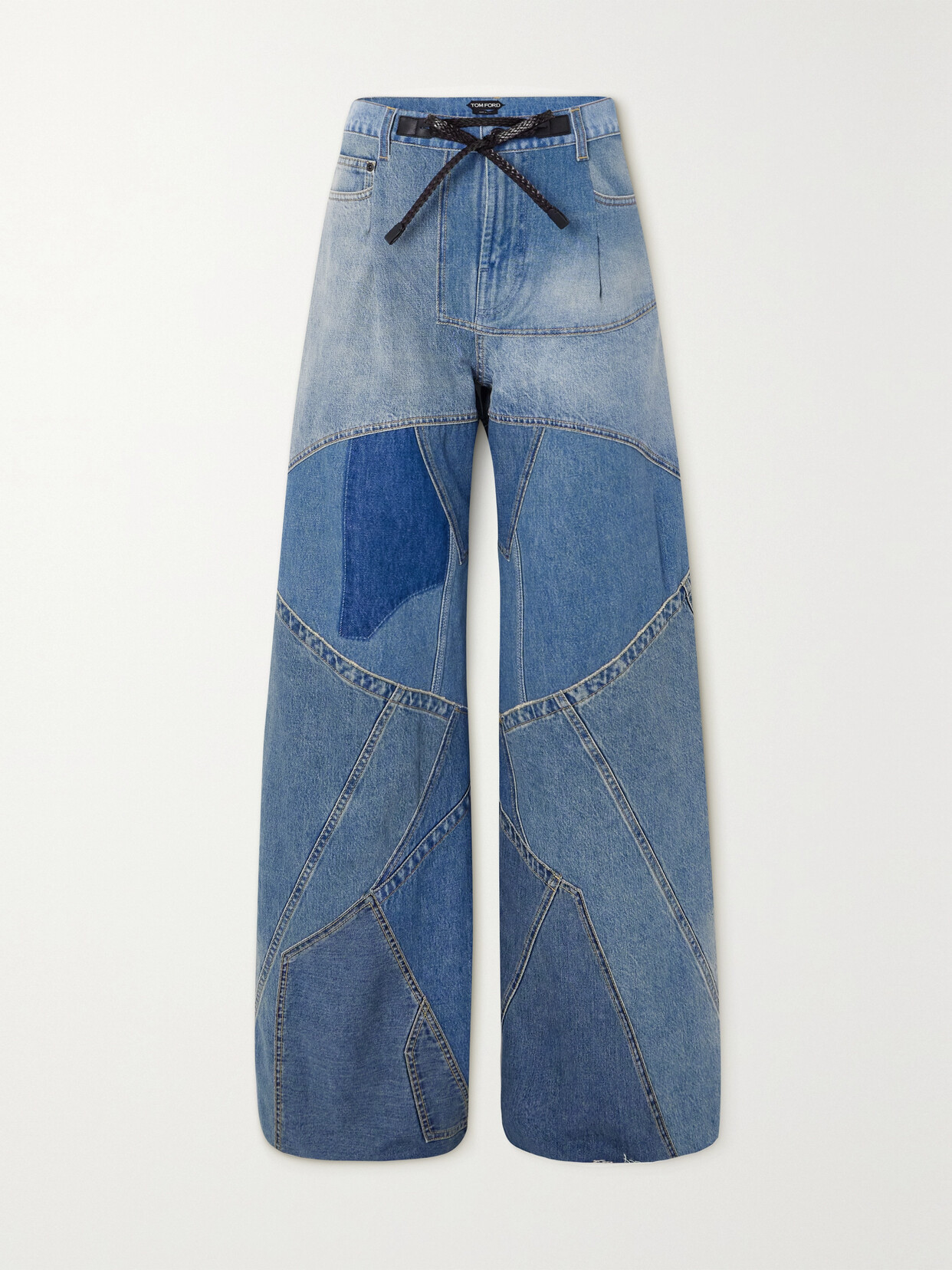 TOM FORD - Leather-trimmed Distressed Patchwork High-rise Jeans - Blue